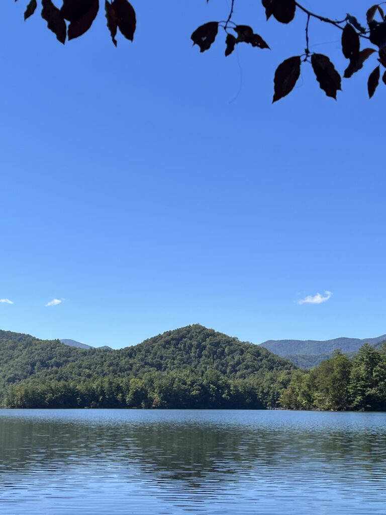 Calm lake beneath a clear blue sky and forested mountains